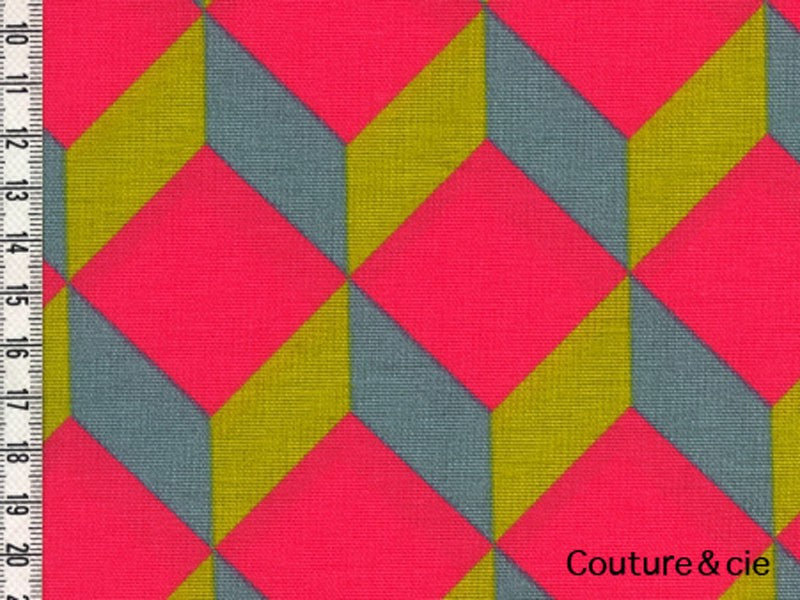 tissu linnamorata Cubik corail, moutarde, gris bleu, x10cm dans Nattés de coton par Couture et Cie