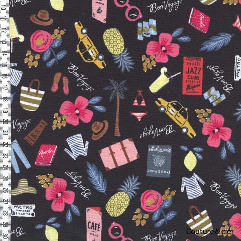 Tissu Rifle Paper Bon Voyage noir, x10cm dans COTTON + STEEL par Couture et Cie
