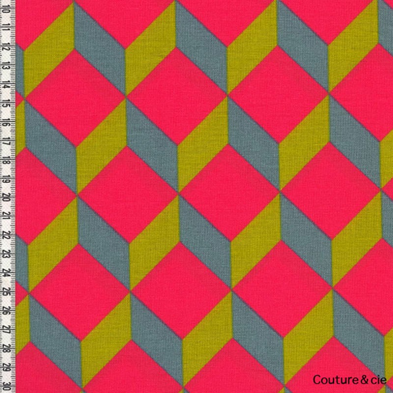 tissu linnamorata Cubik corail, moutarde, gris bleu, x10cm dans Nattés de coton par Couture et Cie