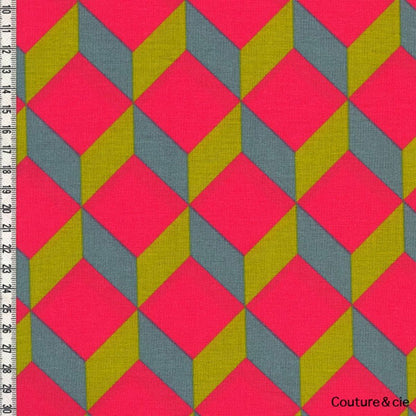 tissu linnamorata Cubik corail, moutarde, gris bleu, x10cm dans Nattés de coton par Couture et Cie