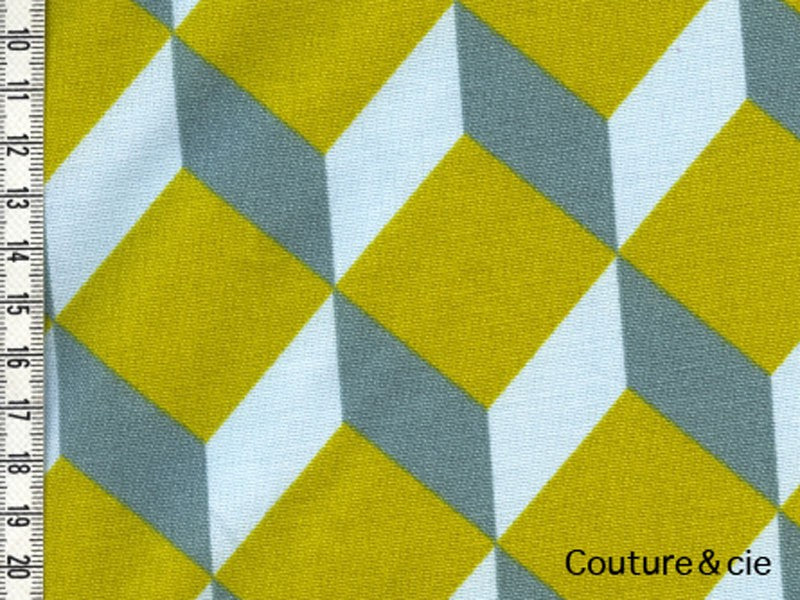 Tissu Cubik moutarde, ciel, gris bleu dans LINNAMORATA par Couture et Cie
