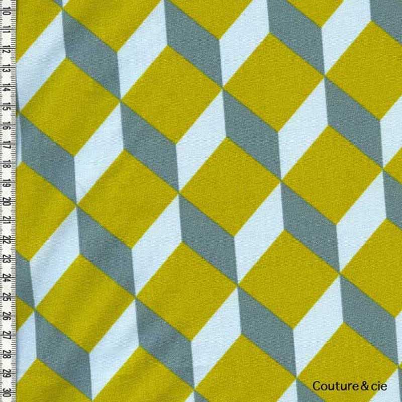 Tissu Cubik moutarde, ciel, gris bleu dans LINNAMORATA par Couture et Cie