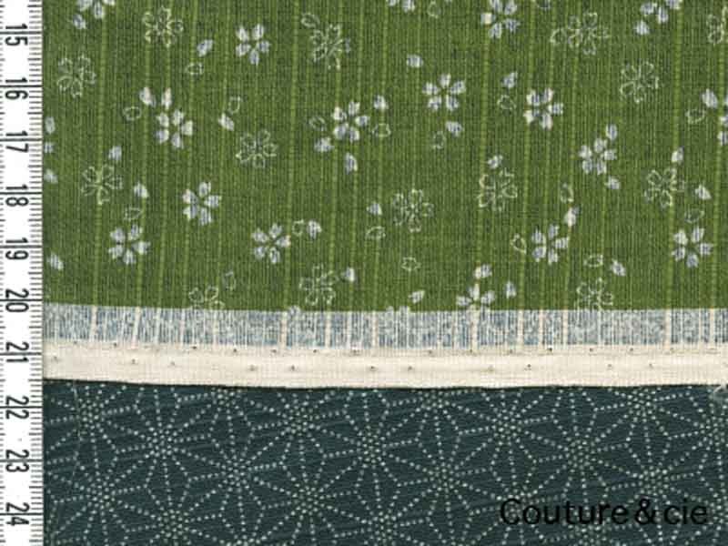 Tissu double face Sakura/Asanoha vert, coupon 45*110cm dans Motifs traditionnels par Couture et Cie