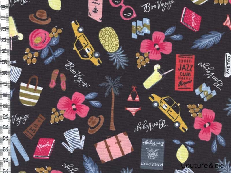 Tissu Rifle Paper Bon Voyage noir, x10cm dans COTTON + STEEL par Couture et Cie