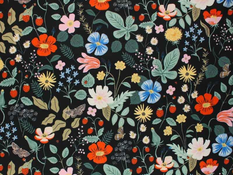 Tissu Rifle Paper Strawberry Fields noir, coupon 75x110cm dans Rifle Paper Co par Couture et Cie