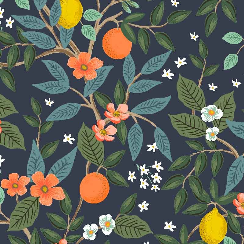 Tissu Rifle Paper Bramble citrus grove navy, x10cm dans Accueil par Couture et Cie